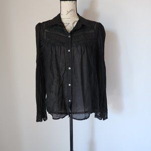 7 For All Mankind Lace Trim Long Sleeve Shirt Button Cotton Blend Black